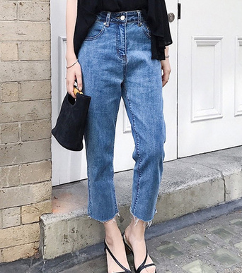 显瘦毛边高腰哈伦牛仔裤宽松直筒夏