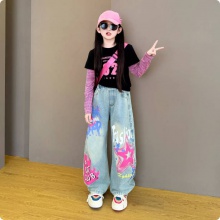 春秋季韩版假两件印花百搭上衣时尚阔腿牛仔裤套装